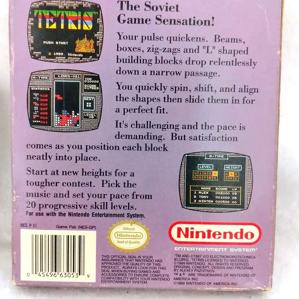 Tetris Game Cartridge & Original Box Nintendo Entertainment System 1985 NES